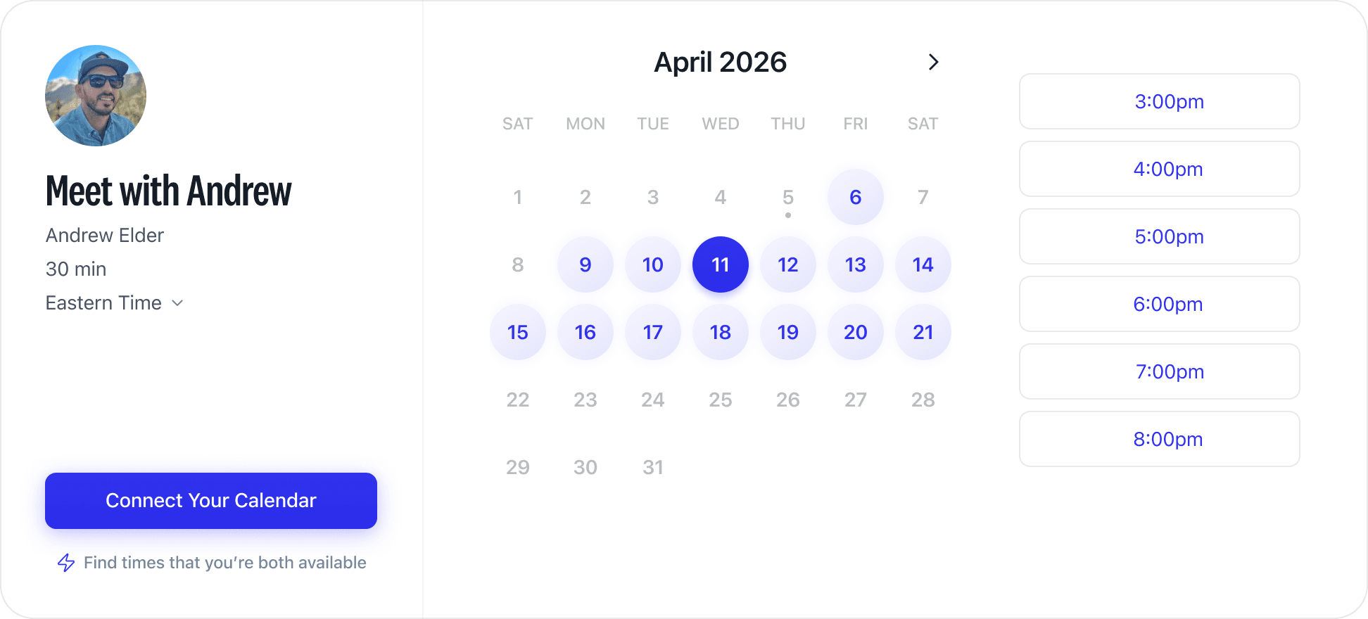 Booking link widget with calendar and time slots