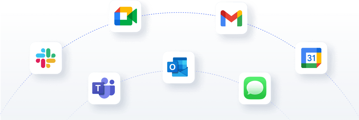 Slack, Google Meet, Gmail, Teams, Outlook, Messages, and Calendar connected to the assistant