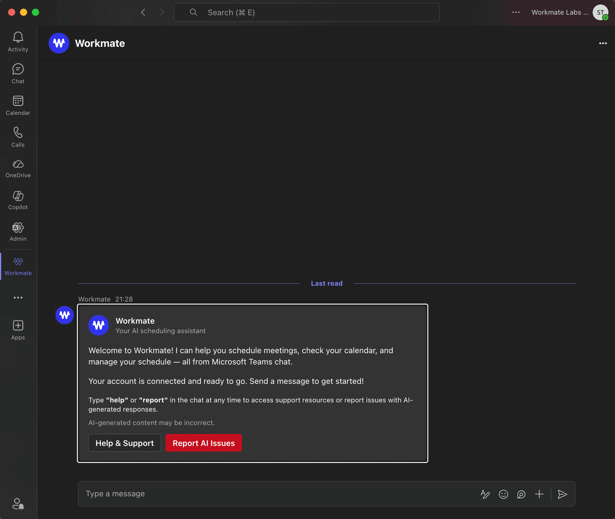 Workmate chatbot conversation in Microsoft Teams