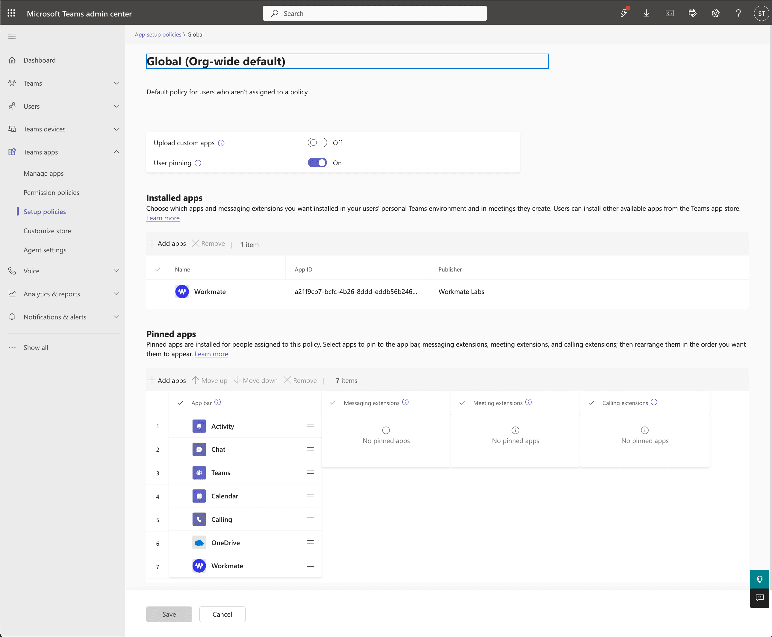 Teams Admin Center app setup policy page