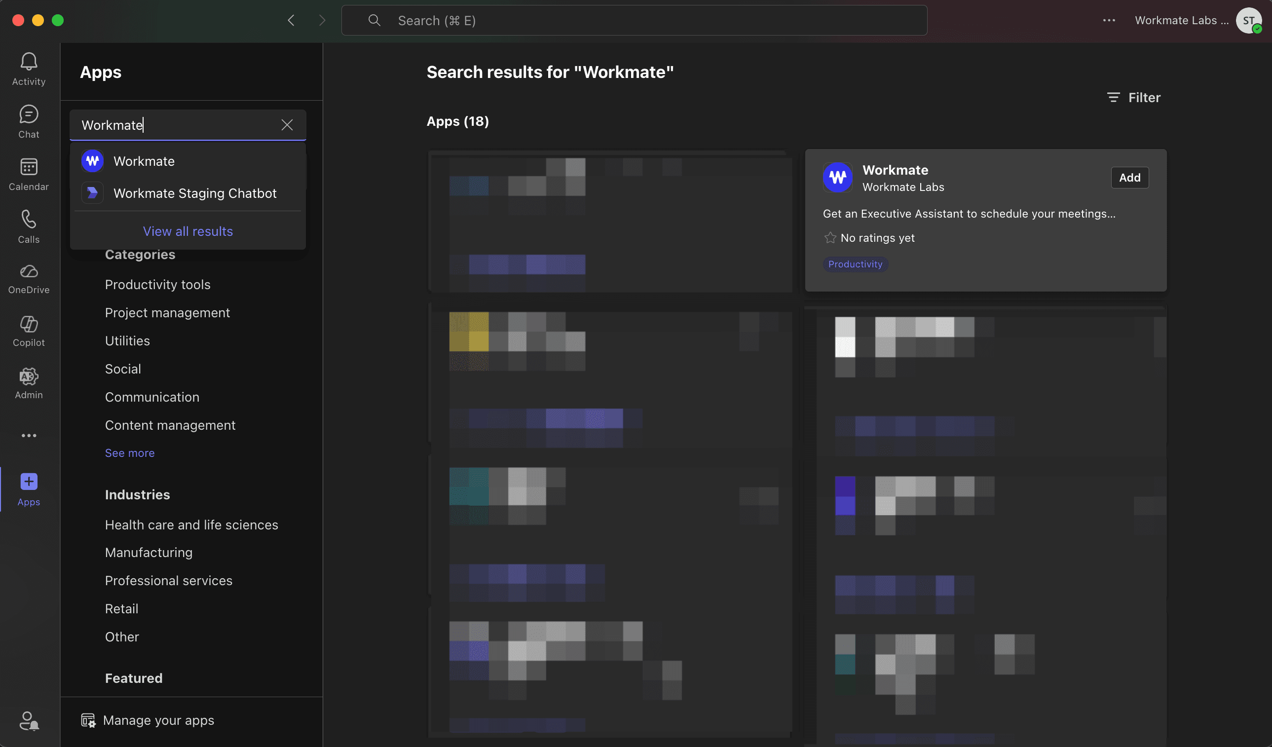 Searching for Workmate in Microsoft Teams app store