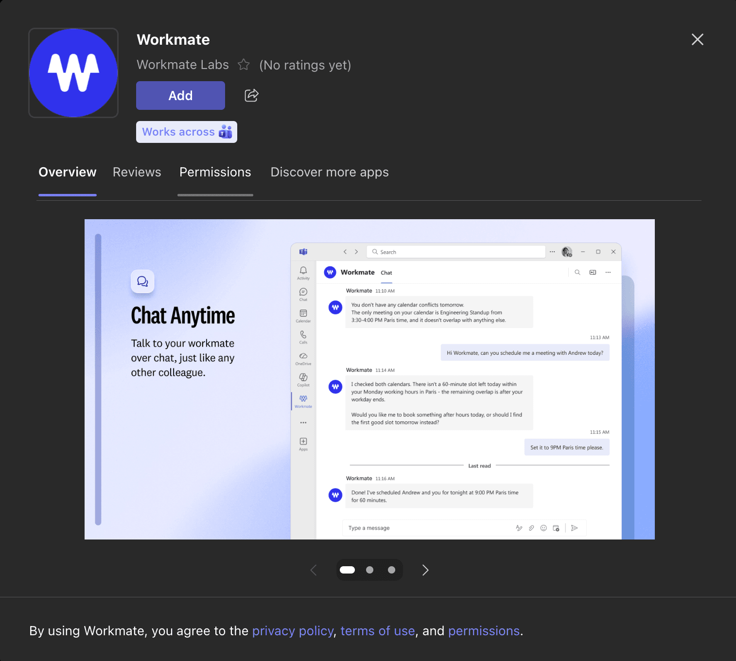 Workmate app page in Microsoft Teams store